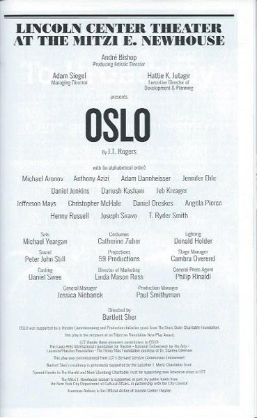 Oslo, Daniel Jenkins, Dariush Kashani Playbill,  July 2016, Adam Dannheisser, Anthony Azizi, Michael Aronov,  Jennifer Ehle, Daniel Jenkins, Dariush Kashani, Jeb Kreager, Jefferson Mays, Christopher McHale, Daniel Oreskes, Angela Pierce, Henny Russell,Josephe Siravo, JT Rogers