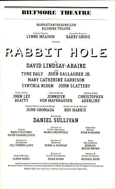 Rabbit Hole is a play written by David Lindsay-Abaire. It was originally commissioned by South Coast Repertory and first presented at its Pacific Playwrights Festival reading series in 2005.