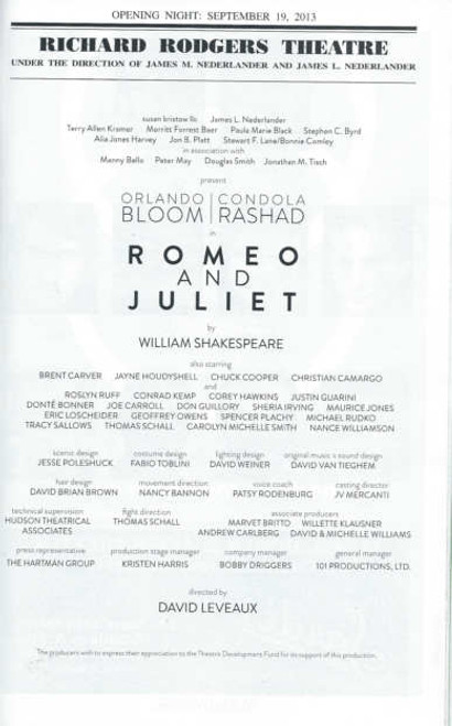 Romeo and Juliet - Playbill Broadway, Orlando Bloom - Condola Rashad
Playbill September  2013, Directed by David Leveaux
