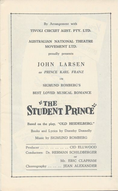 The Student Prince (Opera) Barry Purcell, Ian Smith, Ronald White,William Meade
1961 Australian Production, Tivoli Theatre Melbourne Australia Program /Playbill