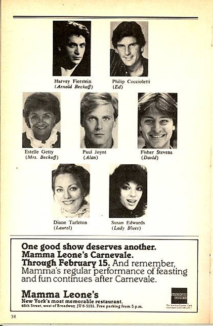Torch Song Trilogy (Play), Harvey Fierstein, Susan Edwards, Philip Coccioletti, Diane Tarlrton, The Little Theatre (Feb 1983), Harvey Fierstein, Susan Edwards, Philip Coccioletti, Diane Tarlrton, Paul Joynt, Fisher Stevens, Estelle Getty