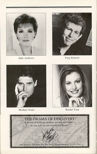 Victor Victoria (Musical), Julie Andrews, Tony Roberts, Michael Nouri, Rachel York -
Marquis Theatre (Oct 1996),  Michael Nouri, Rachel York, R ichard B Shull, Adam Heller, Michael Cripe
