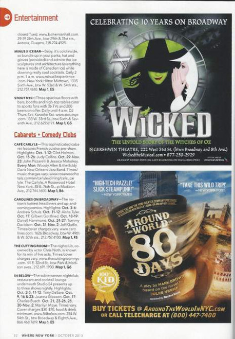 Where New York Oct 2013 (Magazine) Wicked Turns 10 Edtion, Magazine - Story Wicked Turns 10 Years at the Gershwin Theatre, wicked memorabilia, broadway playbills