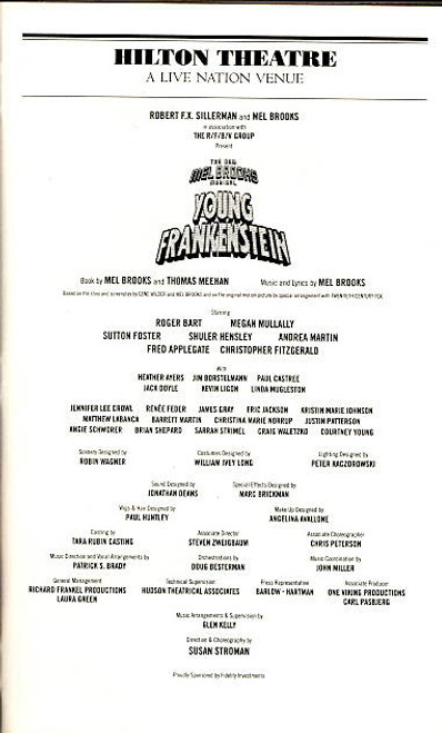 Young Frankenstein (Musical), Playbill, Roger Bart, Megan Mullally,  Sutton Foster,  Shuler Hensley,  Hilton Theatre (Jan 2008)