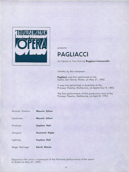 Cavalleria Rusticana and Pagliacci (Opera) Australian Opera
Souvenir  Program
1972 Princess Theatre Melbourne