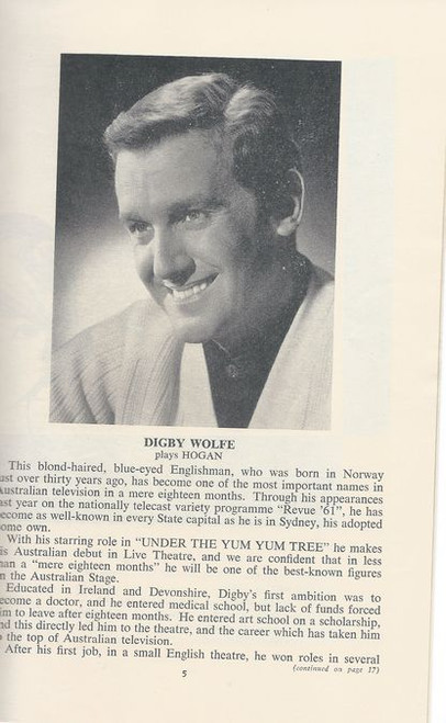 Under the Yum Yum Tree (Play) Digby Wolfe,Melissa Jaffer Comedy Theatre  Melbourne   Playbill / Program (1962)Howard Taubman writes:”Hogan is the landlord who occupies the apartment next door. 