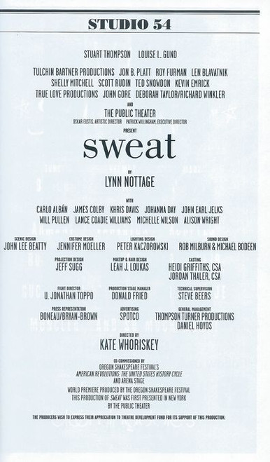 Sweat is a 2015 play by Pulitzer Prize-winning American playwright Lynn Nottage. It won the 2017 Pulitzer Prize for Drama.The play premiered at the Oregon Shakespeare Festival in 2015 and subsequently was produced Off-Broadway in 2016 and on Broadway in 2017. The play is centered on the working class of Reading, Pennsylvania.