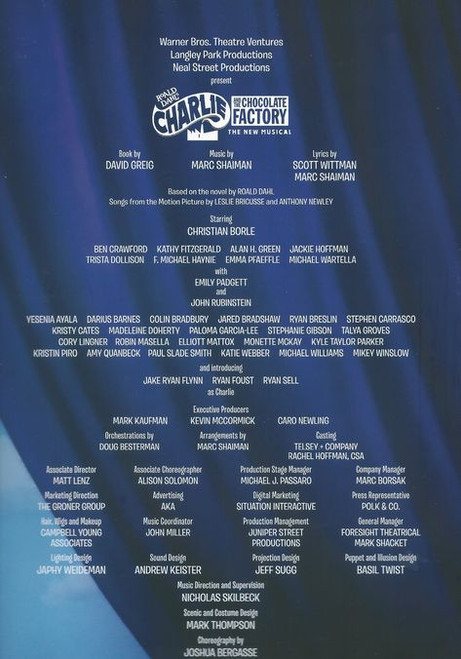 Charlie and the Chocolate Factory is a new musical written by David Greig, with music by Marc Shaiman and lyrics by Marc Shaiman and Scott Wittman. Based on the children’s novel of the same name, written by Roald Dahl, directed by Jack O’Brien (Hairspray, The Sound of Music) and choreography by Josh Bergasse (Gigi, On The Town