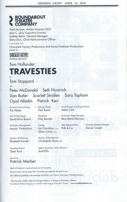 Travesties - Playbill April 2018, Play by Tom Stoppard Tom Hollander, Peter McDonald, Seth Numrich, Dan Butler, Scarlett Strallen, Sara Topham, Opal Alladin, Patrick Kerr