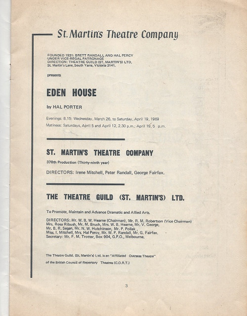 Eden House by Hal Porter, St Martin's Theatre Company Melbourne 1969
Cast: Bettina Welch, Margaret Reid, Marcella Burgoyne, Anne Charleston, Wilfred Last, Charmian Jacka, Norman Kaye - Directed by Paul Kathner
