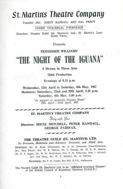 The Night of the Iguana - 1967
by Tennessee Williams
St Martin's Theatre Melbourne Cast: George Fairfax, Carmel Millhouse, Margaret Reid, Keith Macartney, Anne Charleston, Diane Chamberlain, Paul Eddey, Joseph James, Paul Karo, John Roddick