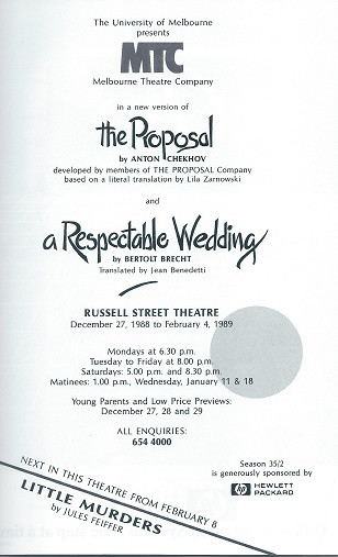 A Respectable Wedding - The Proposal Melbourne Theatre Company
by Bertolt Brecht - Anton Chekhov
A Respectable Wedding is a short play by the German dramatist Bertolt Brecht.