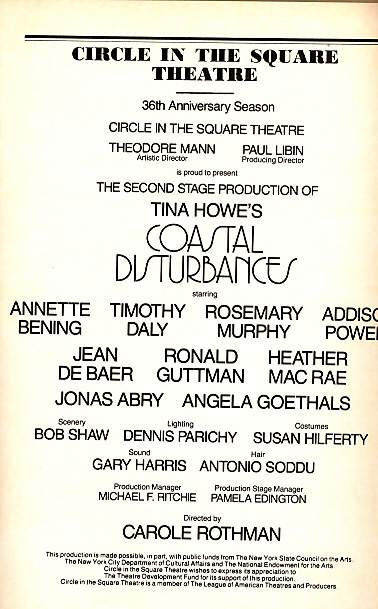 Coastal Disturbances is a play by Tina Howe, which premiered Off-Broadway in 1986 and transferred to Broadway. It received a Tony Award nomination as Best Play.