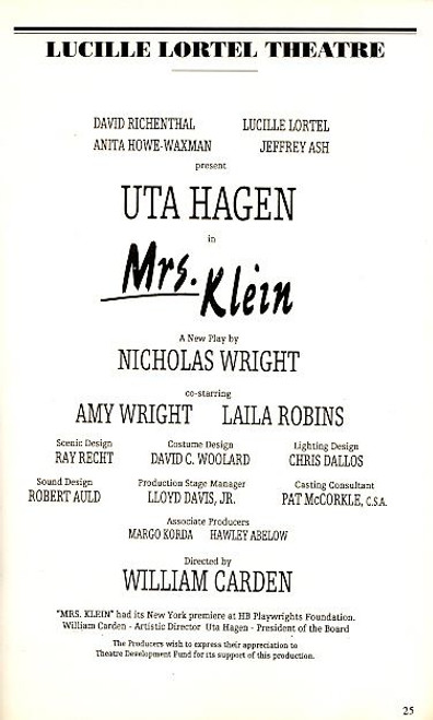 Mrs Klein by NIcholas Wright (Oct 1995) Uta Hagen, Amy Wright, Laila Robins - Lucille Lortel Theatre