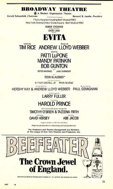 Evita (July 1980) Patti LuPone, Mandy Patinkin - Broadway Theatre
Evita is a musical production, with music by Andrew Lloyd Webber and lyrics by Tim Rice