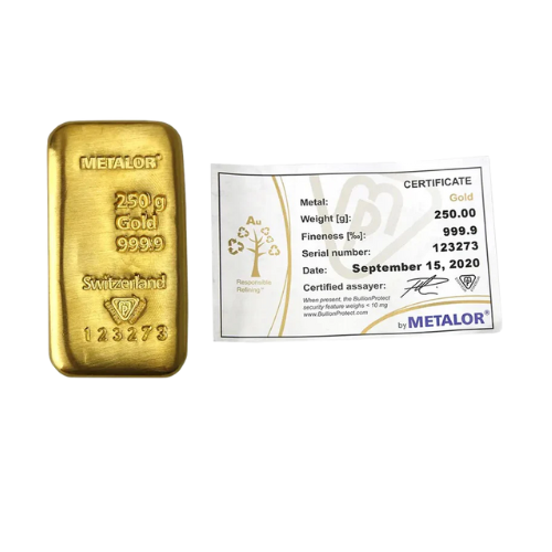 250g Metalor Gold Minted Bar
