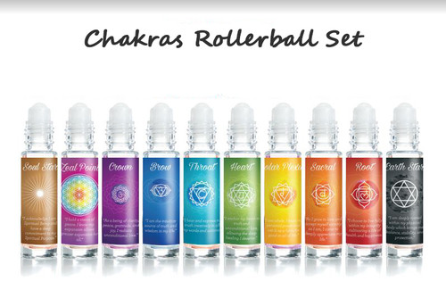 Set of 10 Chakras Rollerballs Blends- clear glass bottles