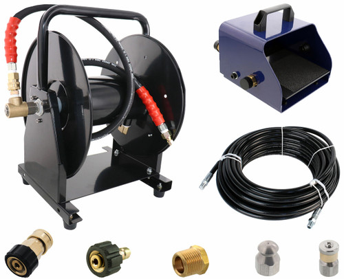 Scheiffer Sewer Jetter Kit - Foot Pedal Hose Reel 1/4" x 200' Hose and Nozzles
