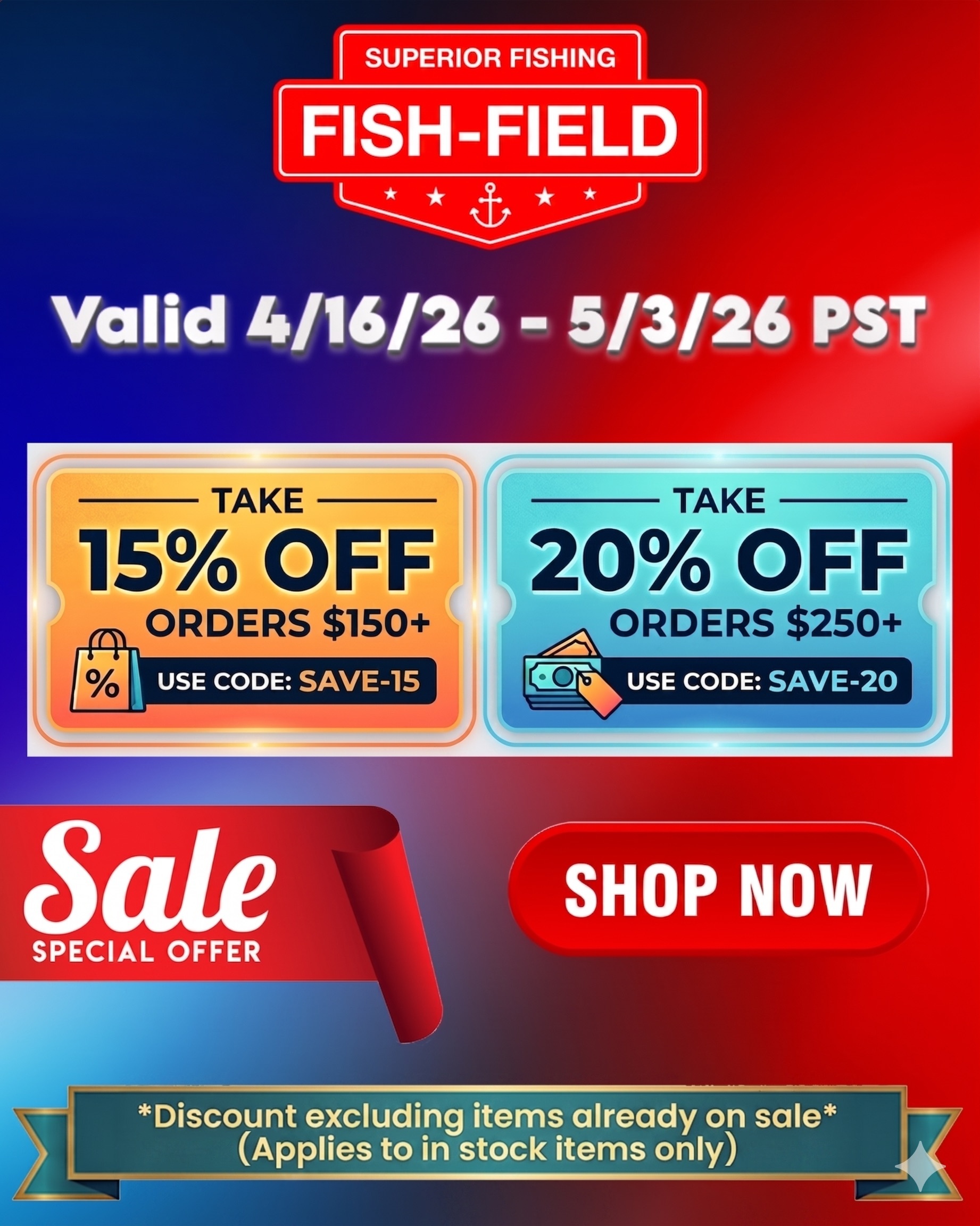 spend $200 get a free fishfield hat, and get your offer