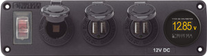 Blue Sea Water-Resistant 12V 15A Circuit Accessory Panel Socket, 2-Dual USB, Volt Meter Blue Sea Water-Resistant 12V 15A Circuit Accessory Panel Socket, 2-Dual USB, Volt Meter