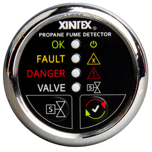 Fireboy-Xintex Propane Fume Detector w/Plastic Sensor & Solenoid Valve - Chrome Bezel Display Fireboy-Xintex Propane Fume Detector w/Plastic Sensor & Solenoid Valve - Chrome Bezel Display