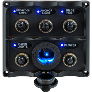 Sea-Dog Water Resistant Toggle Switch Panel w/LED Power Socket - 5 Toggle Sea-Dog Water Resistant Toggle Switch Panel w/LED Power Socket - 5 Toggle
