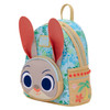 Loungefly Disney Zootopia 2 Judy Hopps cosplay mini backpack with embroidered bunny face, large 3D ears and blue tropical Hawaiian print
