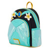 Loungefly Disney Princess Jasmine cosplay mini backpack in turquoise and black with gold trim, blue gem, white flowers and iridescent fabric details.
