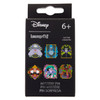 Loungefly Disney Villains mystery pin box surrounded by six possible pins featuring Hades, Ursula, Cruella de Vil, Dr. Facilier, Evil Queen and Maleficent.