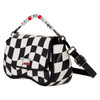 Loungefly Terrifier Art the Clown crossbody bag with black-and-white checkerboard pattern, cleaver accent, letter beads, yellow flower charms and top hat charm.