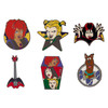 Six Loungefly Scooby-Doo Hex Girls mystery enamel pin designs featuring Thorn, Dusk, Luna, a guitar, coffin-shaped group pin and glitter Scooby-Doo chase.