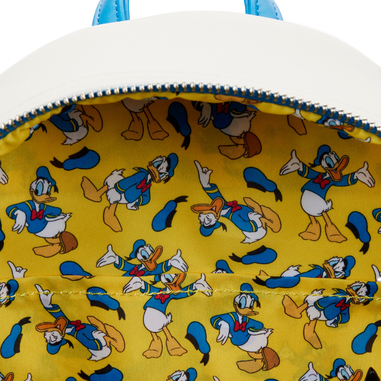 donald duck loungefly mini backpack Exclusive 90th Anniversary Metallic Cosplay | Officially Licensed | Plastic/Vegan Leather Theres a red glitter applique bow Loungefly Donald and Daisy Mini