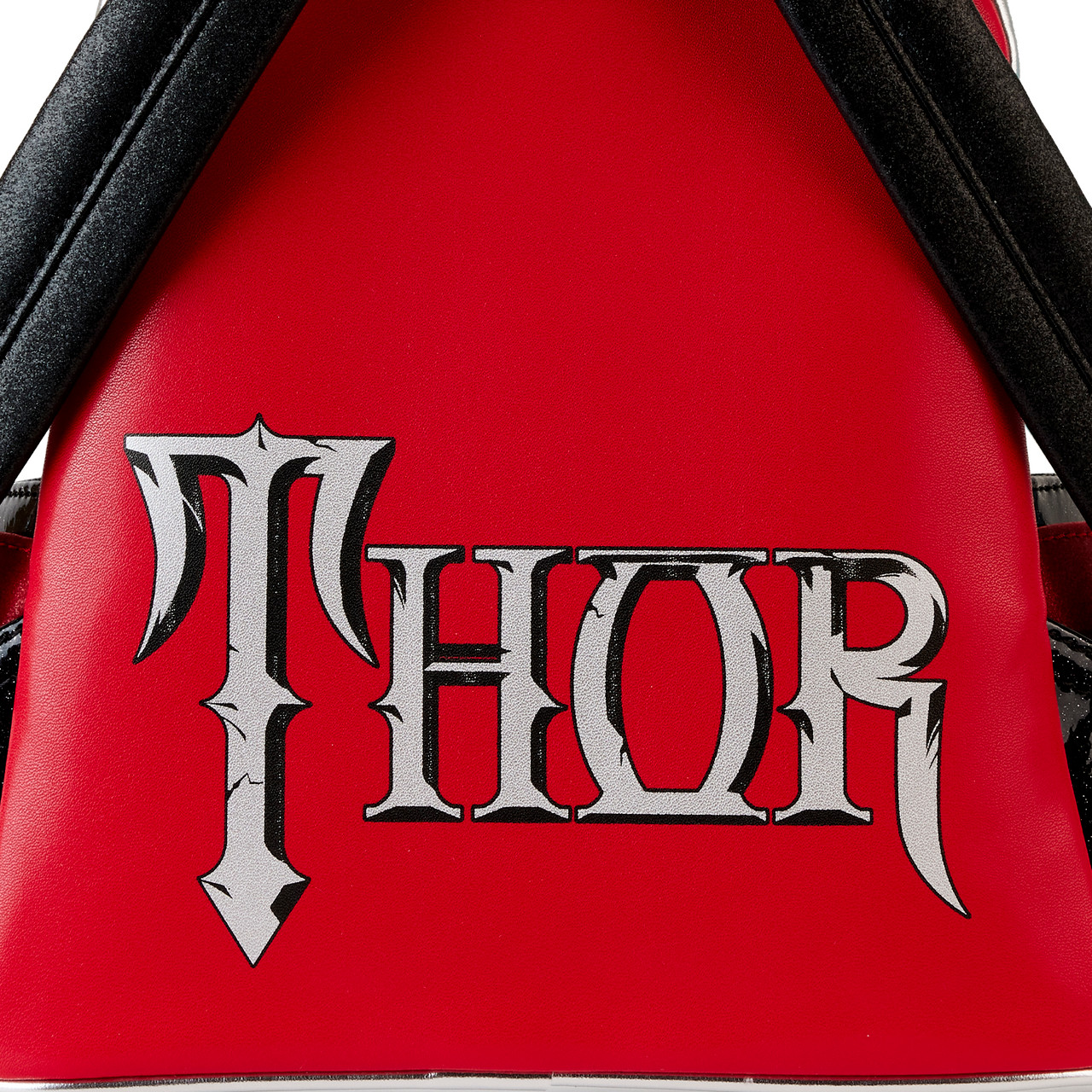 Thor Loungefly Marvel Black and Silver Backpack with Red Accents New Mighty Thor Loungefly Backpack at Super Hero  main image 2