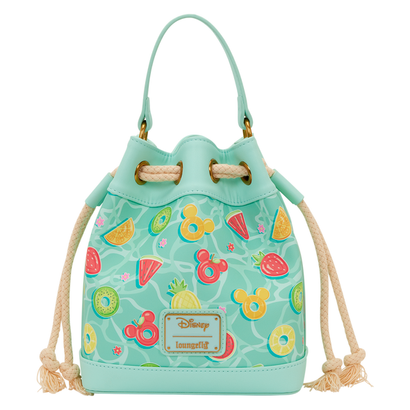 Disney Mickey Mouse Beach Fun Bucket Crossbody Bag with tropical fruit print and aqua summer pool design