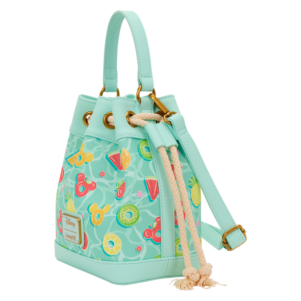 Mickey Mouse summer-inspired Disney bucket bag featuring colorful fruit icons and rope drawstring closure