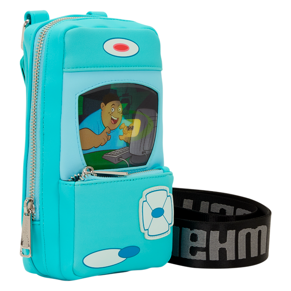 Turquoise Kim Possible Kimmunicator-inspired faux leather sling bag with lenticular display effect and adjustable strap
