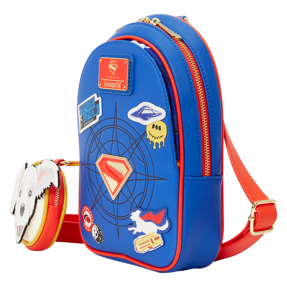 Supergirl faux leather sling crossbody bag featuring comic-inspired patches and Krypto accessory pouch