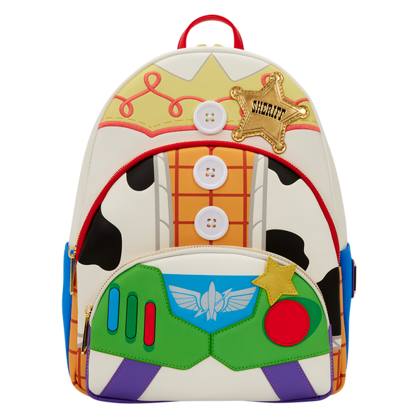 Disney Pixar Toy Story 5 Triple Pocket Mini Backpack featuring Woody Jessie and Buzz Lightyear cosplay-inspired design