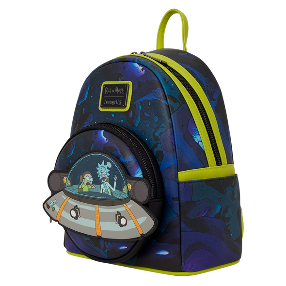 Rick and Morty Loungefly mini backpack featuring Rick's flying saucer with moving front pocket
