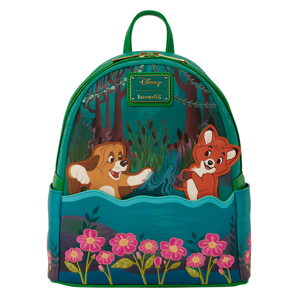 Official Loungefly Disney The Fox and the Hound mini backpack with interactive Todd and Copper appliqués