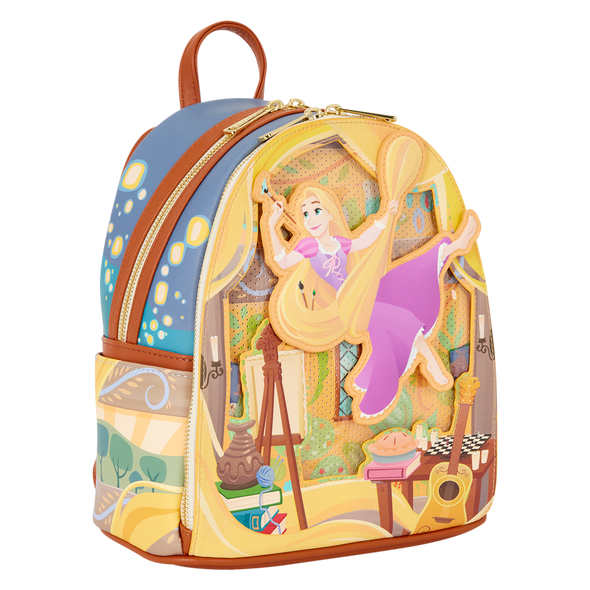 Loungefly Disney Tangled Rapunzel Painting Mini Backpack featuring moving Rapunzel applique