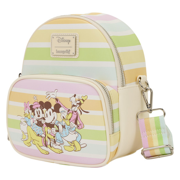 Loungefly Mickey & Friends Rainbow Stripes bag featuring six classic Disney characters and a convertible backpack-to-crossbody design.