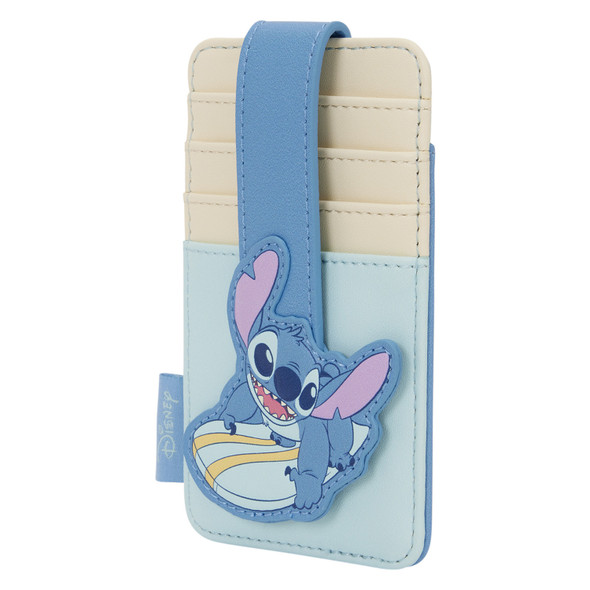 Loungefly Disney Stitch Minimal Summer card holder featuring Stitch riding a striped surfboard on a light blue background