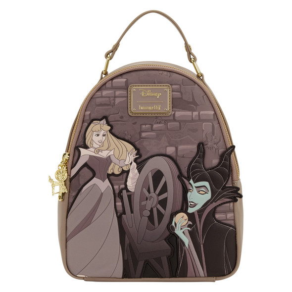 Loungefly Sleeping Beauty Spinning Wheel Mini Backpack recreating the iconic scene between Princess Aurora and Maleficent.