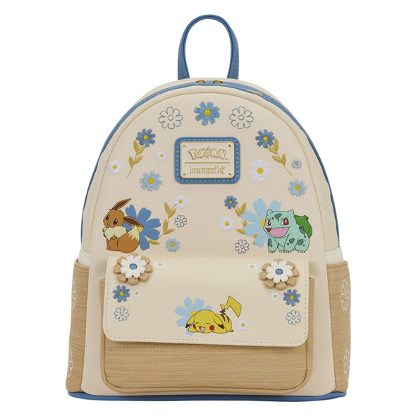 Loungefly Pokémon Floral Mini Backpack featuring Pikachu, Eevee and Bulbasaur surrounded by embroidered flowers and textured details.