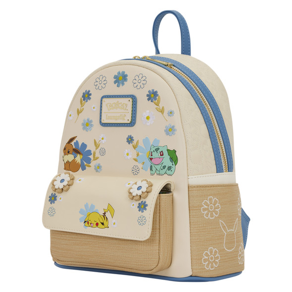 Loungefly Pokémon Floral Mini Backpack featuring Pikachu, Eevee and Bulbasaur with embroidered blue and white flowers