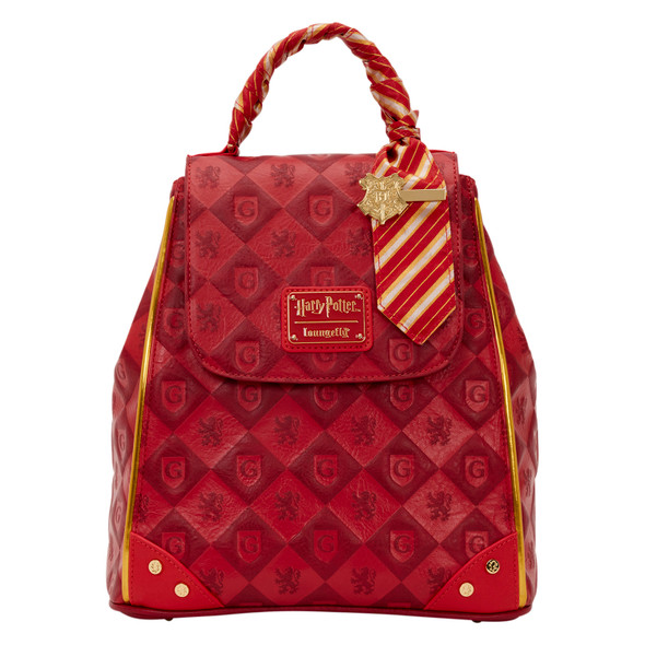 Loungefly Harry Potter Gryffindor Mini Backpack featuring a red house crest pattern, Gryffindor tie and gold-tone Hogwarts charm.