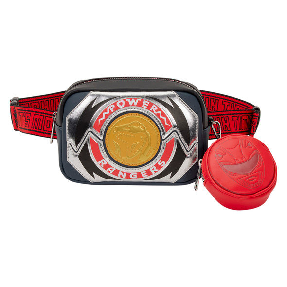 Loungefly Power Rangers sling featuring a Power Morpher-inspired front, Red Ranger styling and detachable helmet coin bag.
