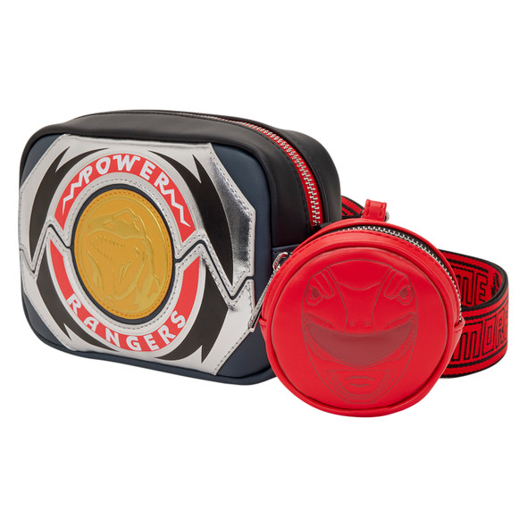 Loungefly Power Rangers Red Ranger sling crossbody bag with metallic Power Morpher design, gold dinosaur coin and detachable Red Ranger helmet coin bag