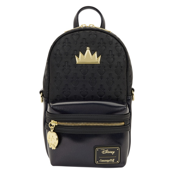 Loungefly Disney Snow White Evil Queen Sling Bag featuring a black embossed design, regal gold crown emblem and coordinating gold-tone hardware.